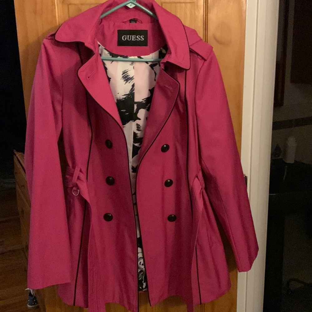 Fuchsia Guess brand double breasted jacket with hood.